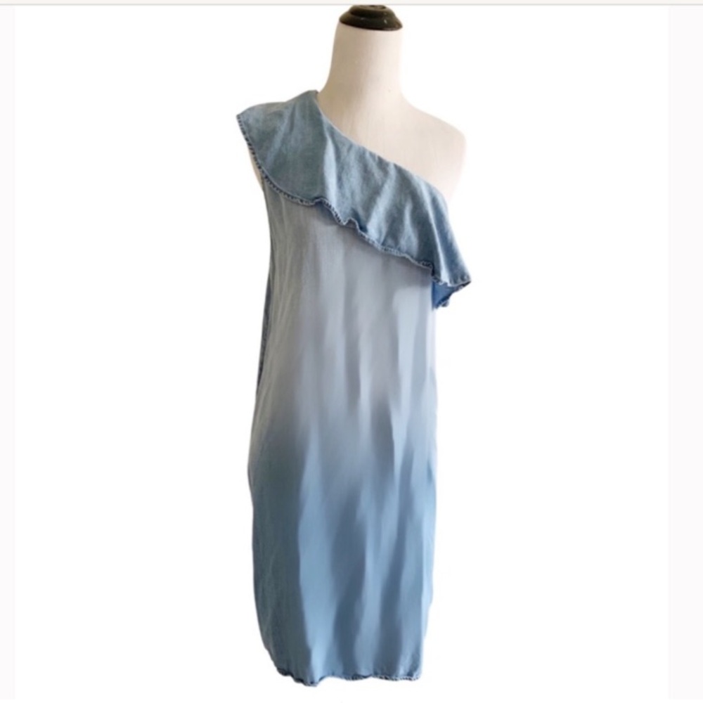 Mossimo Blue Sheath Ruffle One Shoulder Lyocell Chambray Denim Dress Sz Sml - Picture 3 of 12